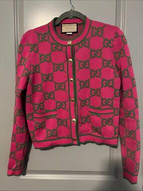 Gucci Pink and Green GG Logo Knit Cardigan Jacket